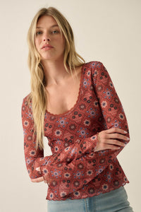 Rare Jewels Floral Mesh Scoop-Neck Bell-Sleeve Top - ShopPromesa