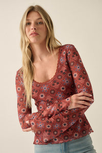Rare Jewels Floral Mesh Scoop-Neck Bell-Sleeve Top - ShopPromesa