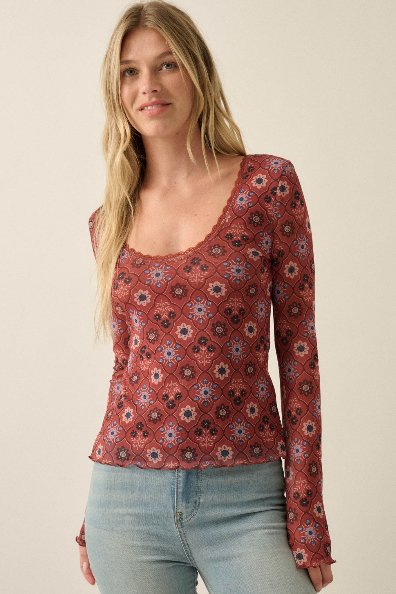 Rare Jewels Floral Mesh Scoop-Neck Bell-Sleeve Top - ShopPromesa