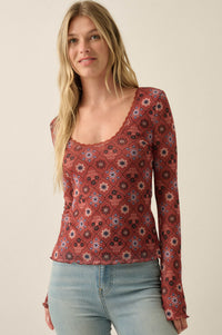 Rare Jewels Floral Mesh Scoop-Neck Bell-Sleeve Top - ShopPromesa