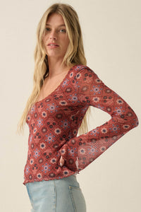 Rare Jewels Floral Mesh Scoop-Neck Bell-Sleeve Top - ShopPromesa