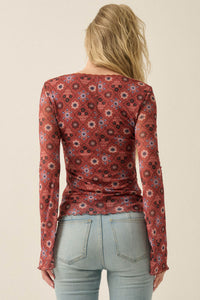 Rare Jewels Floral Mesh Scoop-Neck Bell-Sleeve Top - ShopPromesa