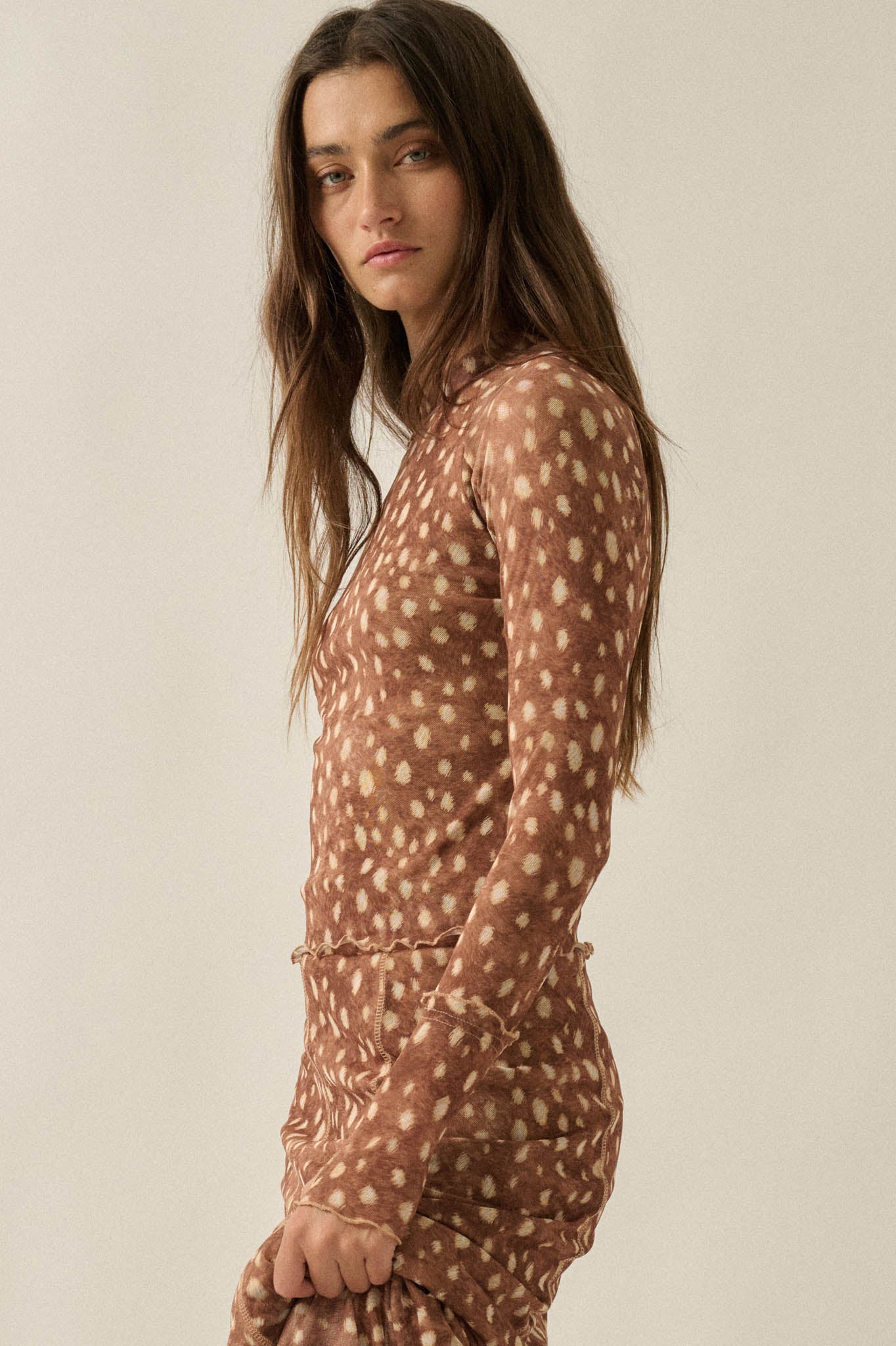 Fawn-Tastic Deer-Print Mesh Mock-Neck Thumbhole Top - ShopPromesa