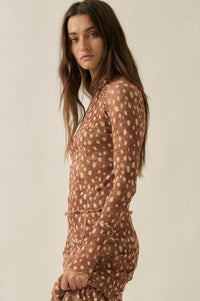 Fawn-Tastic Deer-Print Mesh Mock-Neck Thumbhole Top - ShopPromesa