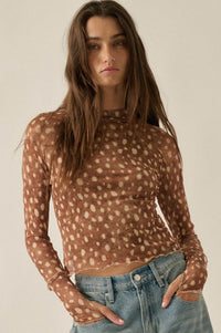 Fawn-Tastic Deer-Print Mesh Mock-Neck Thumbhole Top - ShopPromesa