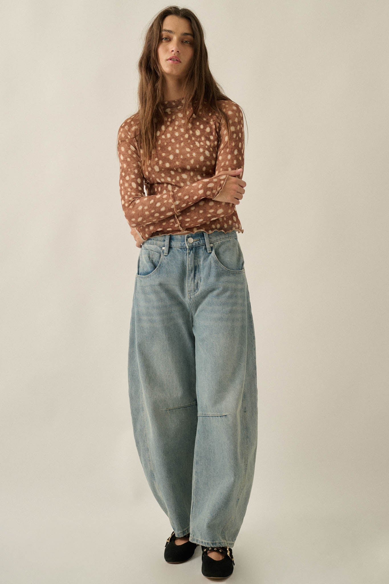 Fawn-Tastic Deer-Print Mesh Mock-Neck Thumbhole Top - ShopPromesa
