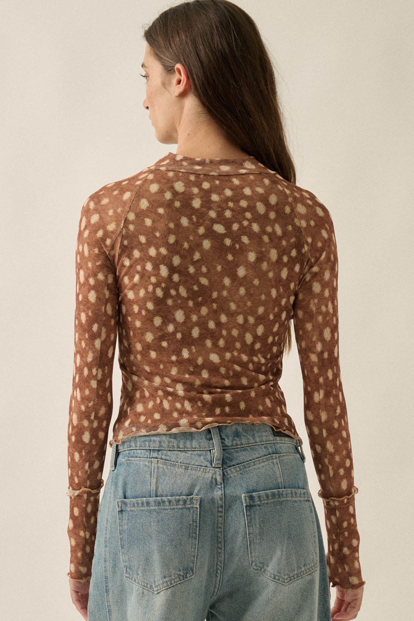 Fawn-Tastic Deer-Print Mesh Mock-Neck Thumbhole Top - ShopPromesa