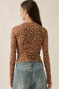 Fawn-Tastic Deer-Print Mesh Mock-Neck Thumbhole Top - ShopPromesa