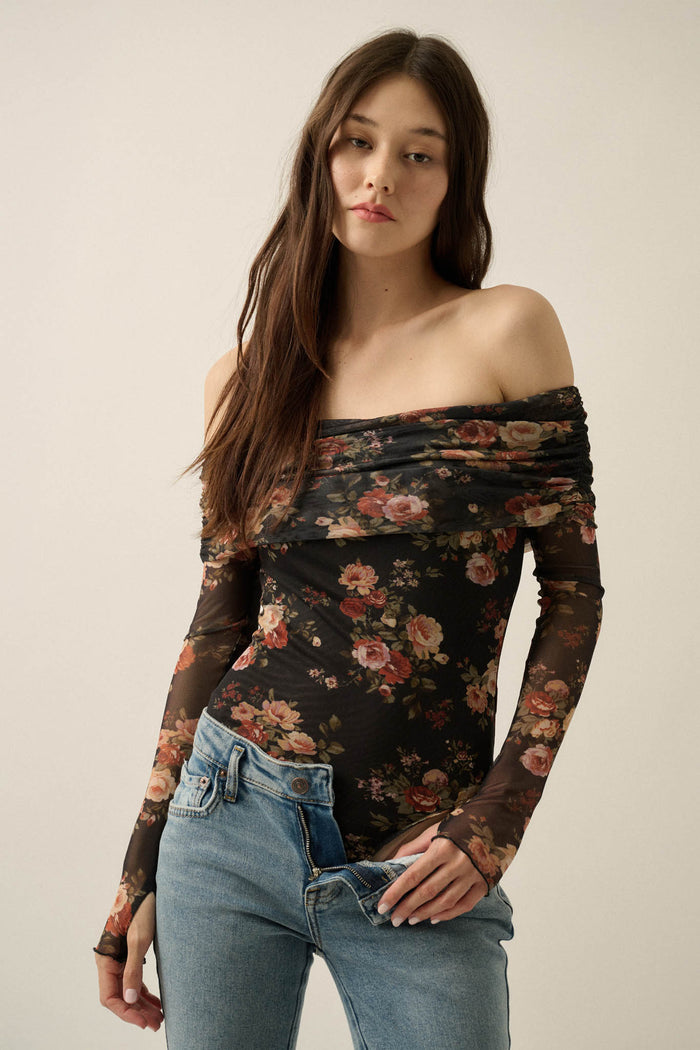 Moonlit Garden Floral Mesh Off-Shoulder Bodysuit - ShopPromesa
