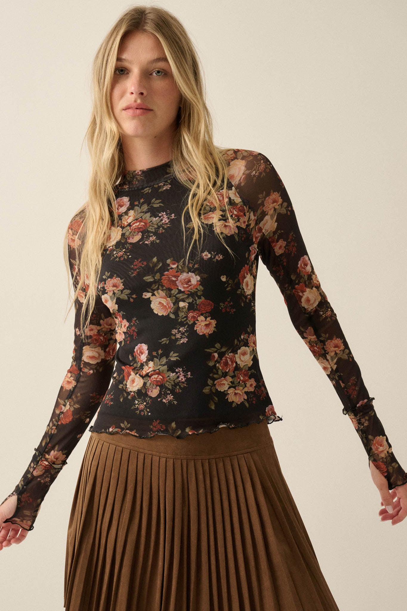 Night Blooming Floral Mesh Mock-Neck Thumbhole Top - ShopPromesa