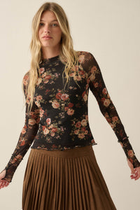 Night Blooming Floral Mesh Mock-Neck Thumbhole Top - ShopPromesa