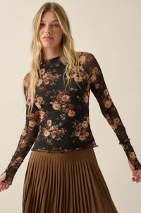 Night Blooming Floral Mesh Mock-Neck Thumbhole Top - ShopPromesa