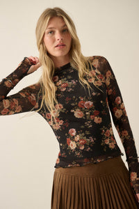 Night Blooming Floral Mesh Mock-Neck Thumbhole Top - ShopPromesa
