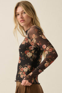 Night Blooming Floral Mesh Mock-Neck Thumbhole Top - ShopPromesa