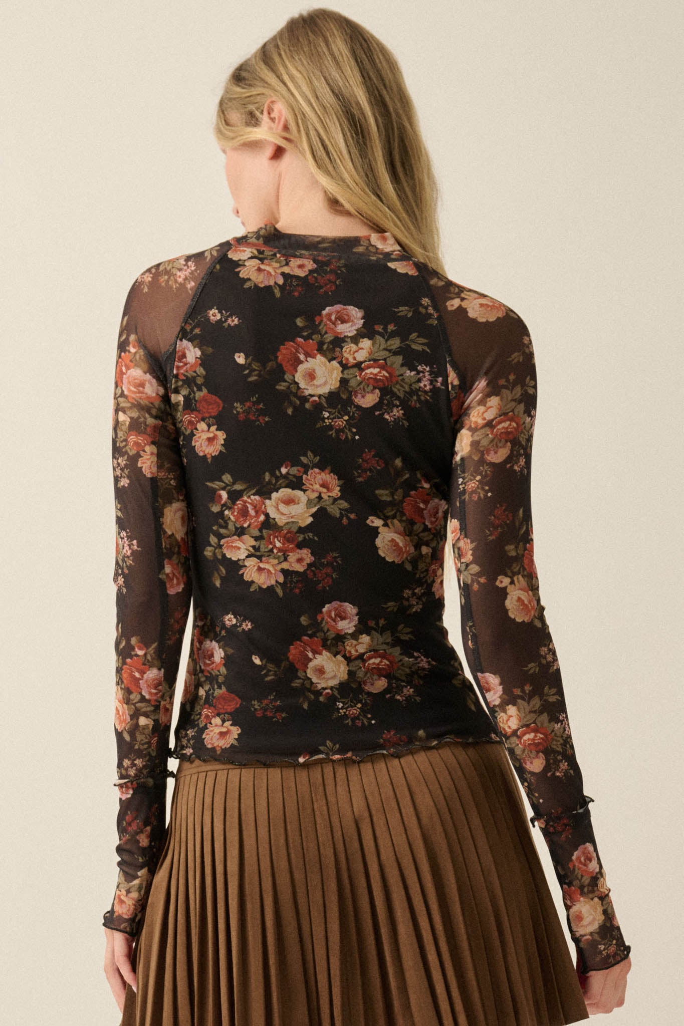 Night Blooming Floral Mesh Mock-Neck Thumbhole Top - ShopPromesa