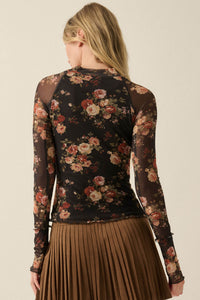 Night Blooming Floral Mesh Mock-Neck Thumbhole Top - ShopPromesa