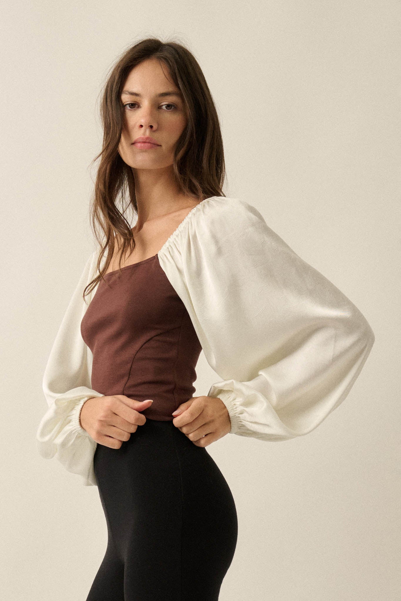 Princess Era Satin Balloon-Sleeve Square-Neck Top - ShopPromesa