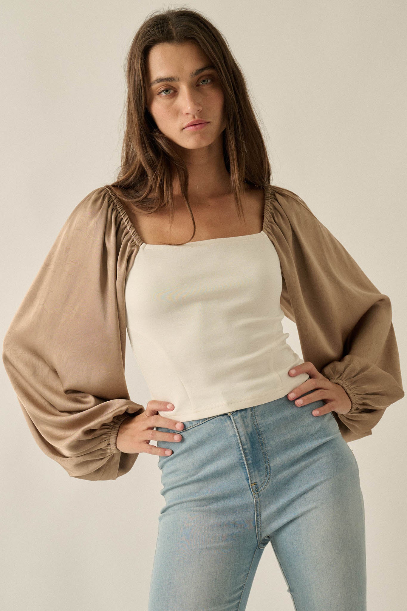 Princess Era Satin Balloon-Sleeve Square-Neck Top - ShopPromesa