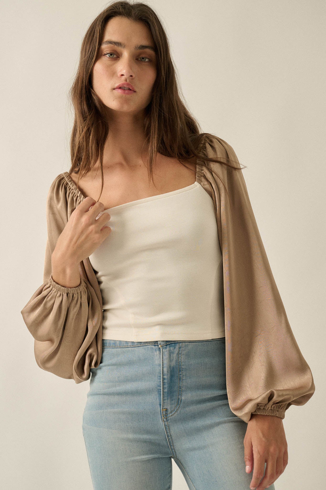 Princess Era Satin Balloon-Sleeve Square-Neck Top - ShopPromesa