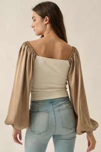 Princess Era Satin Balloon-Sleeve Square-Neck Top - ShopPromesa