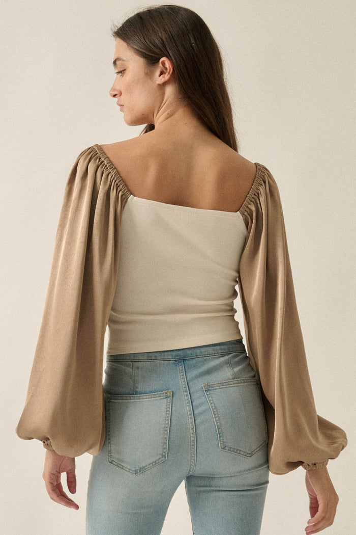 Princess Era Satin Balloon-Sleeve Square-Neck Top - ShopPromesa