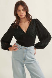 Fresh Air Smocked Floral Lace Peasant Top