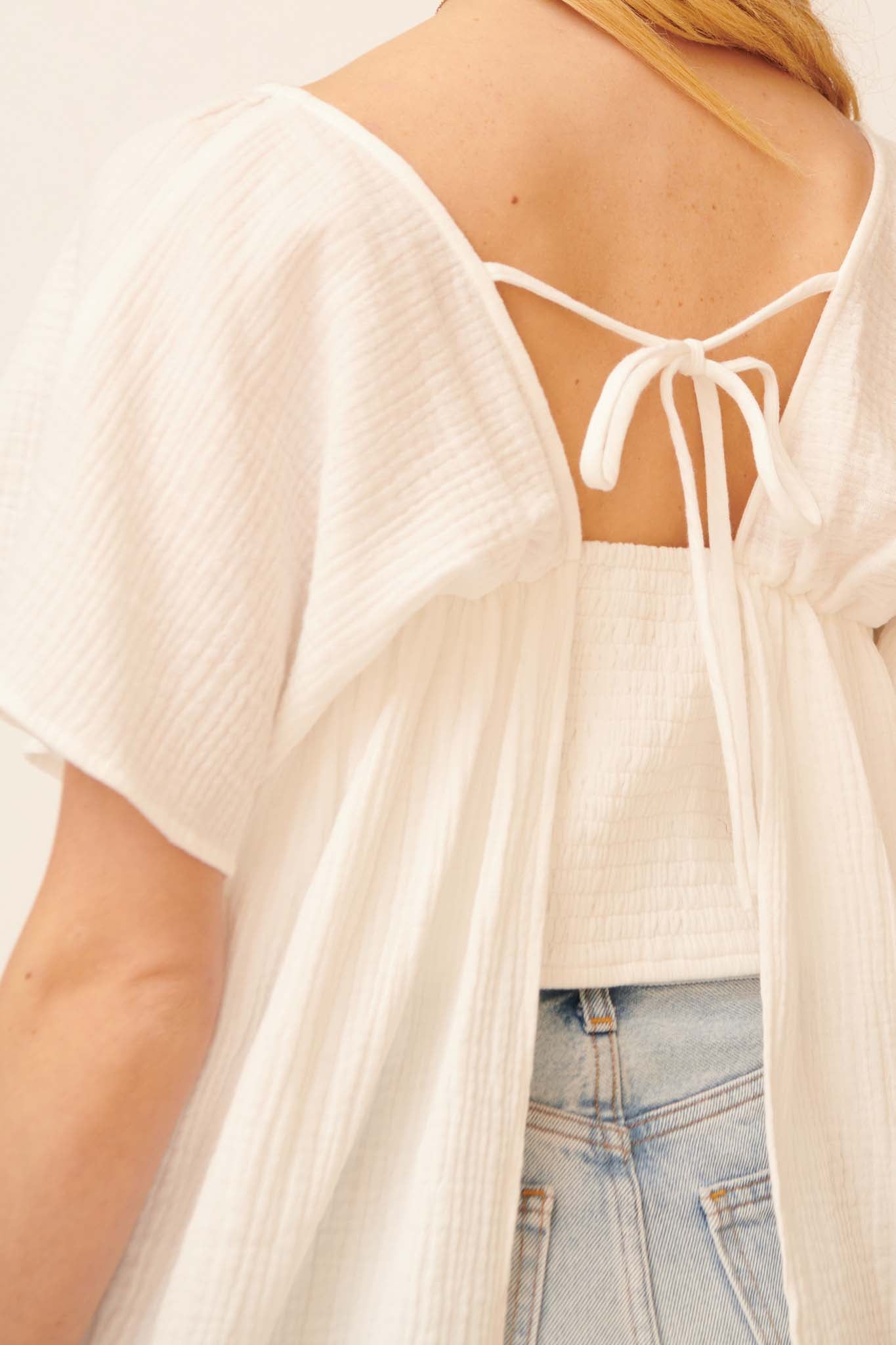 Touch of Love Crinkle Cotton Tie-Back Babydoll Top