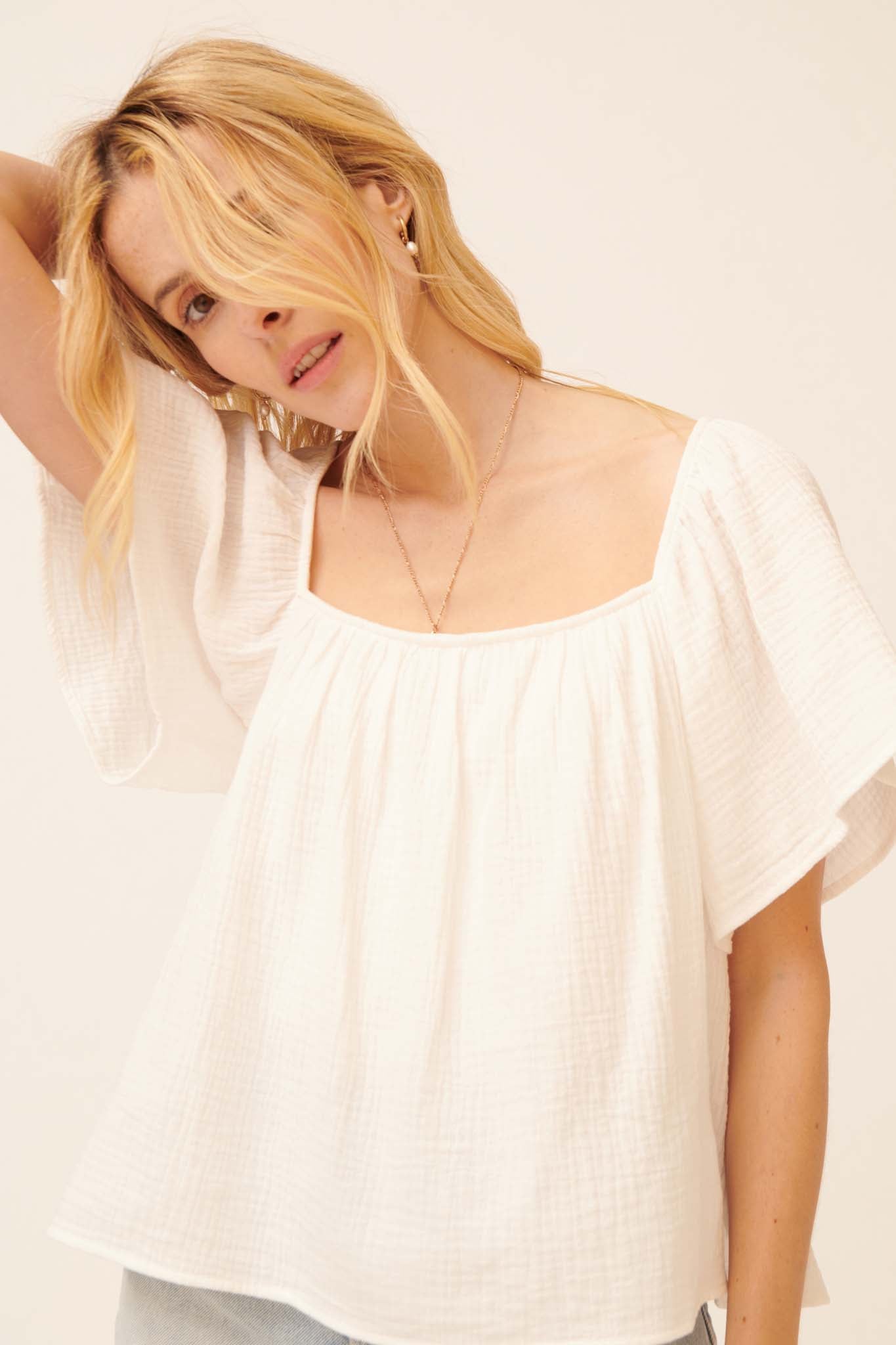 Touch of Love Crinkle Cotton Tie-Back Babydoll Top