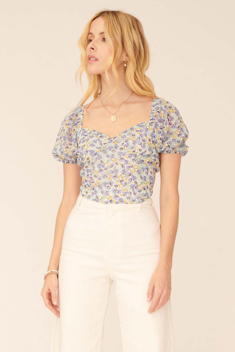Morning Sun Floral Open-Back Puff-Sleeve Top