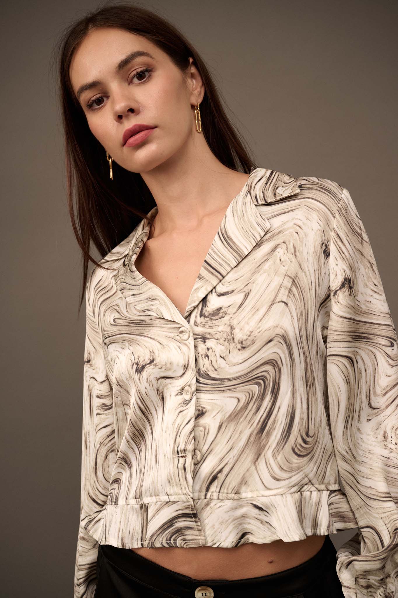 Flowing Free Marble-Print Satin Ruffled Top - ShopPromesa