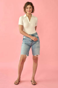 Ribbed Knit Collared Short-Sleeve Polo Bodysuit - ShopPromesa