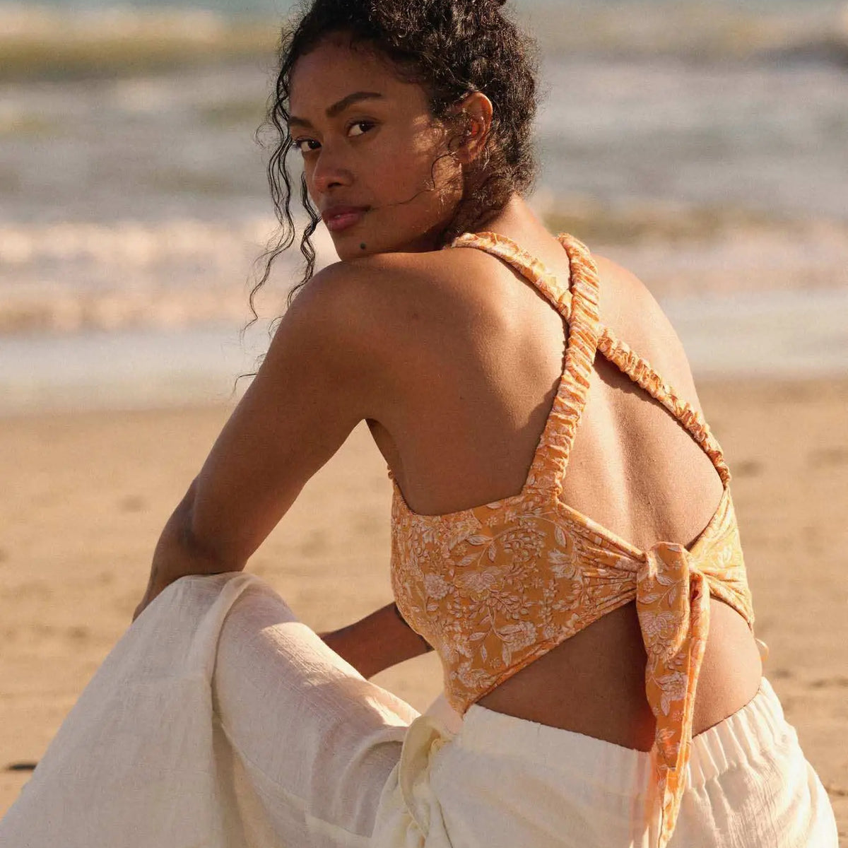 Sunset Blooms Smocked Floral Tie-Back Crop Top