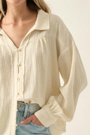 Wild Oats Crinkle Cotton Raw-Edge Button-Up Shirt - ShopPromesa