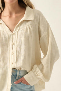 Wild Oats Crinkle Cotton Raw-Edge Button-Up Shirt - ShopPromesa