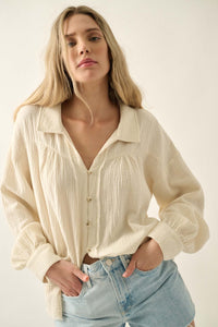 Wild Oats Crinkle Cotton Raw-Edge Button-Up Shirt - ShopPromesa