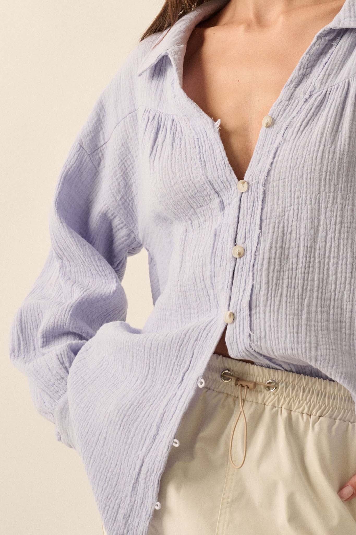 Wild Oats Crinkle Cotton Raw-Edge Button-Up Shirt - ShopPromesa