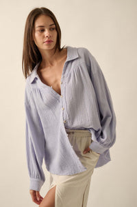 Wild Oats Crinkle Cotton Raw-Edge Button-Up Shirt - ShopPromesa