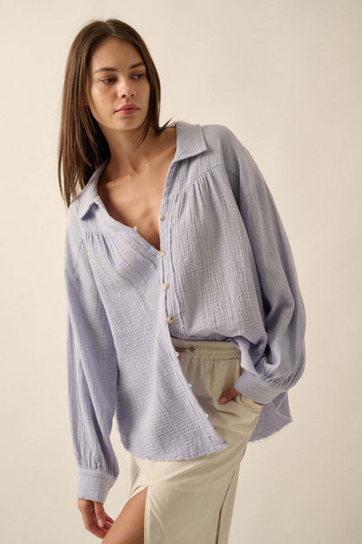 Wild Oats Crinkle Cotton Raw-Edge Button-Up Shirt - ShopPromesa