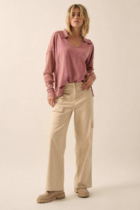 Free Your Mind Mixed Media Collared Waffle Top - ShopPromesa