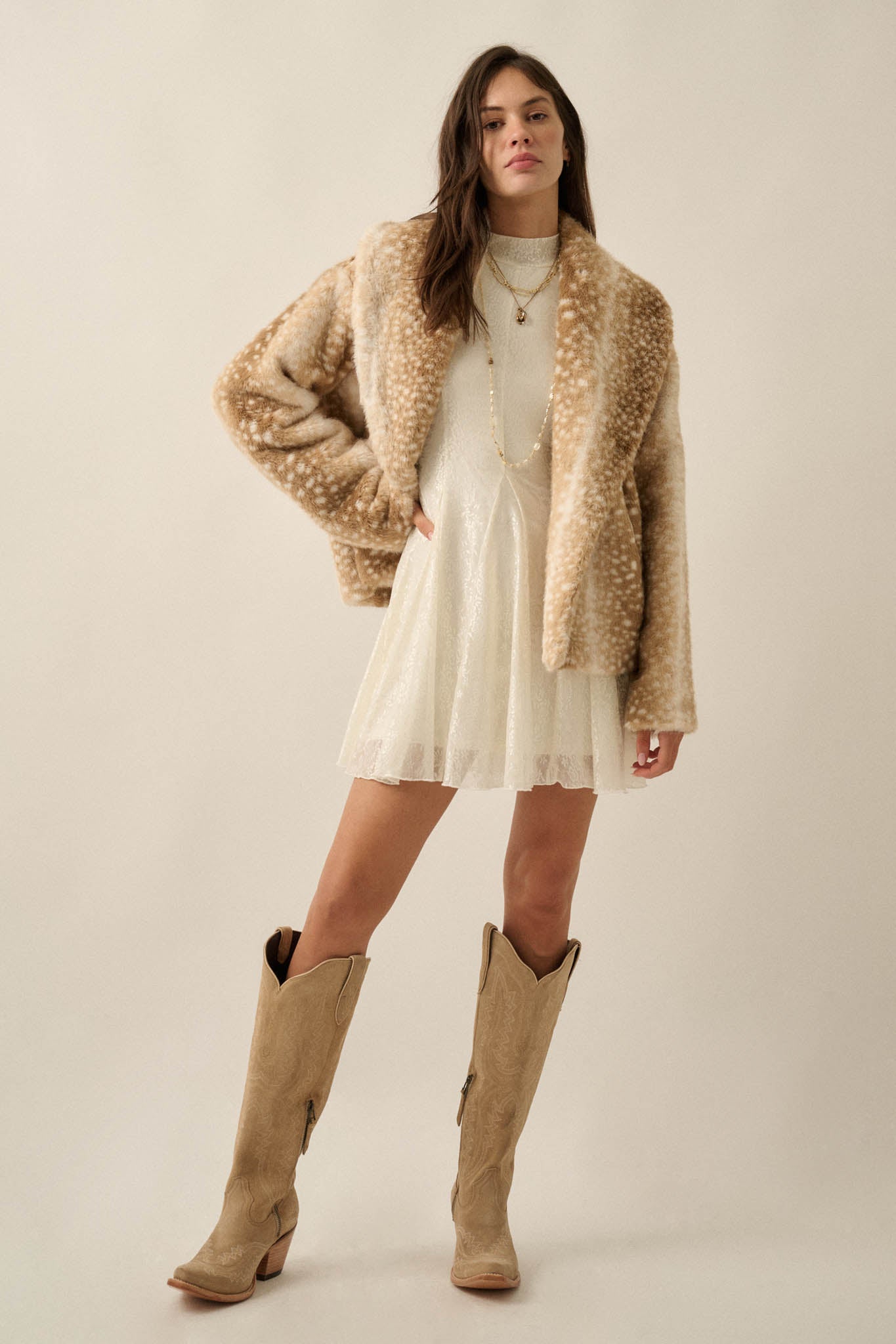 Deerly Beloved Faux Fur Deer-Print Shawl-Collar Jacket - ShopPromesa