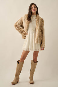 Deerly Beloved Faux Fur Deer-Print Shawl-Collar Jacket - ShopPromesa