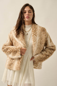 Deerly Beloved Faux Fur Deer-Print Shawl-Collar Jacket - ShopPromesa
