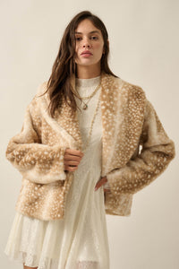 Deerly Beloved Faux Fur Deer-Print Shawl-Collar Jacket - ShopPromesa
