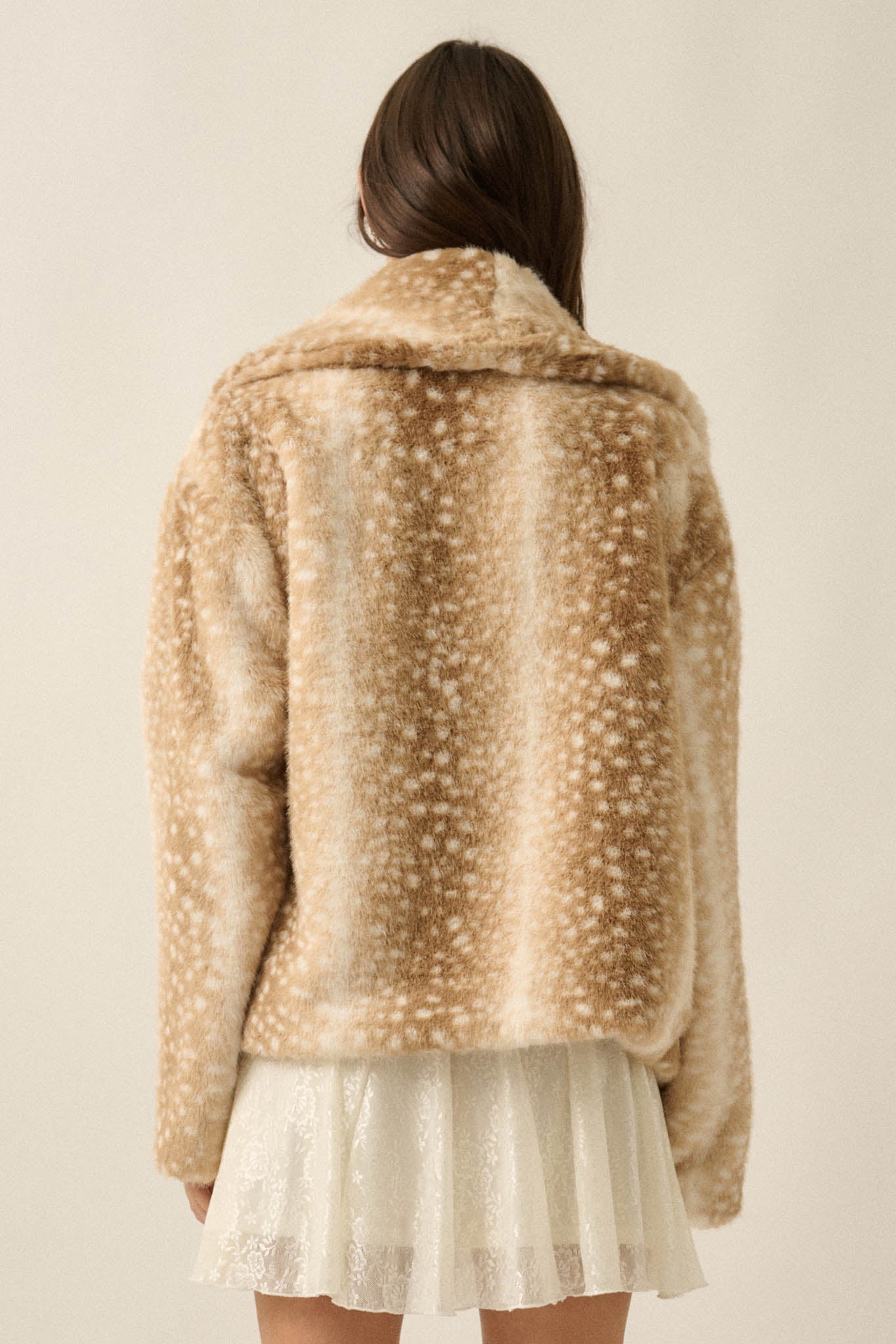 Deerly Beloved Faux Fur Deer-Print Shawl-Collar Jacket - ShopPromesa
