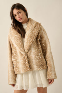 Deerly Beloved Faux Fur Deer-Print Shawl-Collar Jacket - ShopPromesa