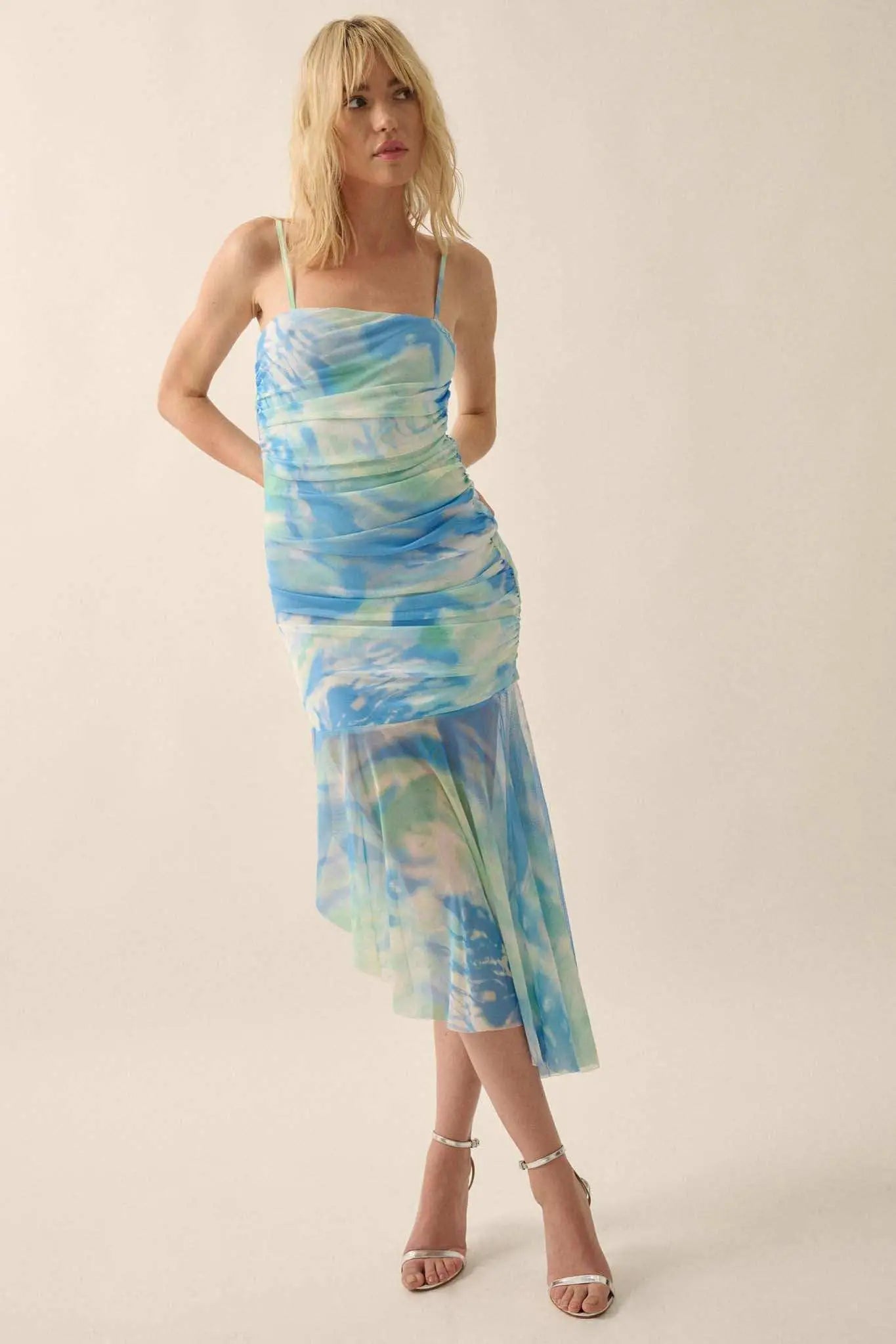 Chasing Waves Tie-Dye Mesh Drop-Waist Midi Dress Blue & Margarita / L Chasing Waves Tie-Dye Mesh Drop-Waist Midi Dress Blue & Margarita / L