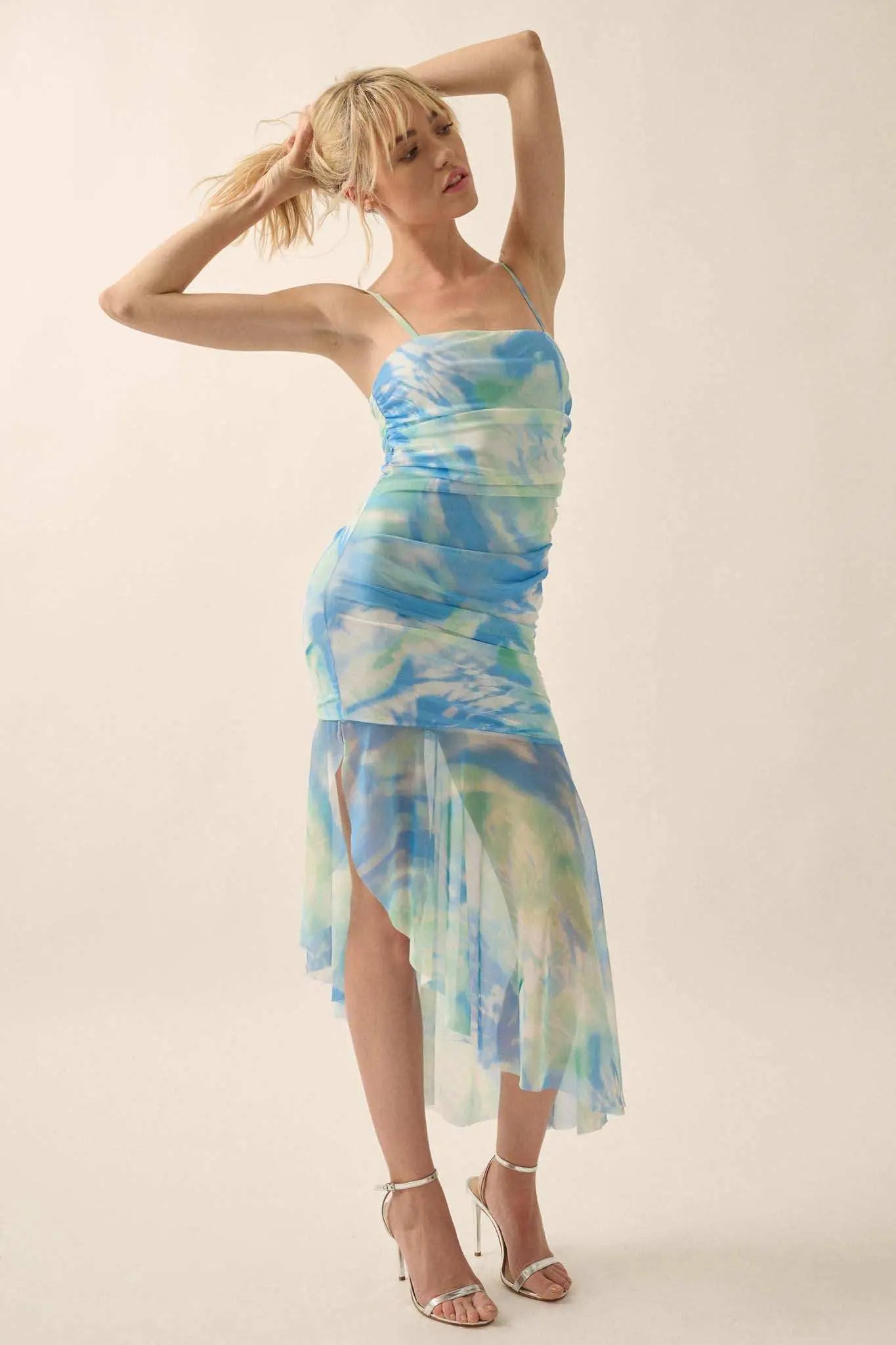 Chasing Waves Tie-Dye Mesh Drop-Waist Midi Dress Blue & Margarita / L Chasing Waves Tie-Dye Mesh Drop-Waist Midi Dress Blue & Margarita / L