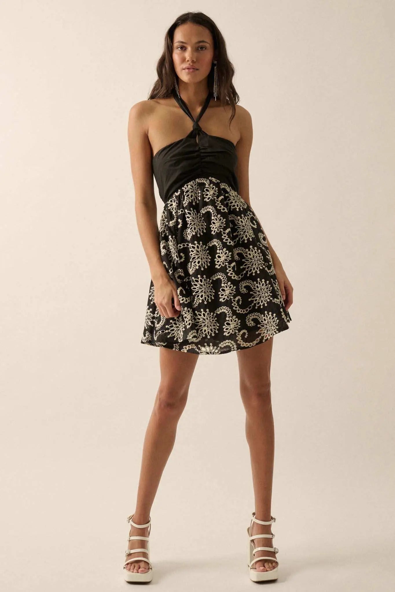 Spin Me Around Embroidered Halter Mini Dress, Black / S Spin Me Around Embroidered Halter Mini Dress, Black / S
