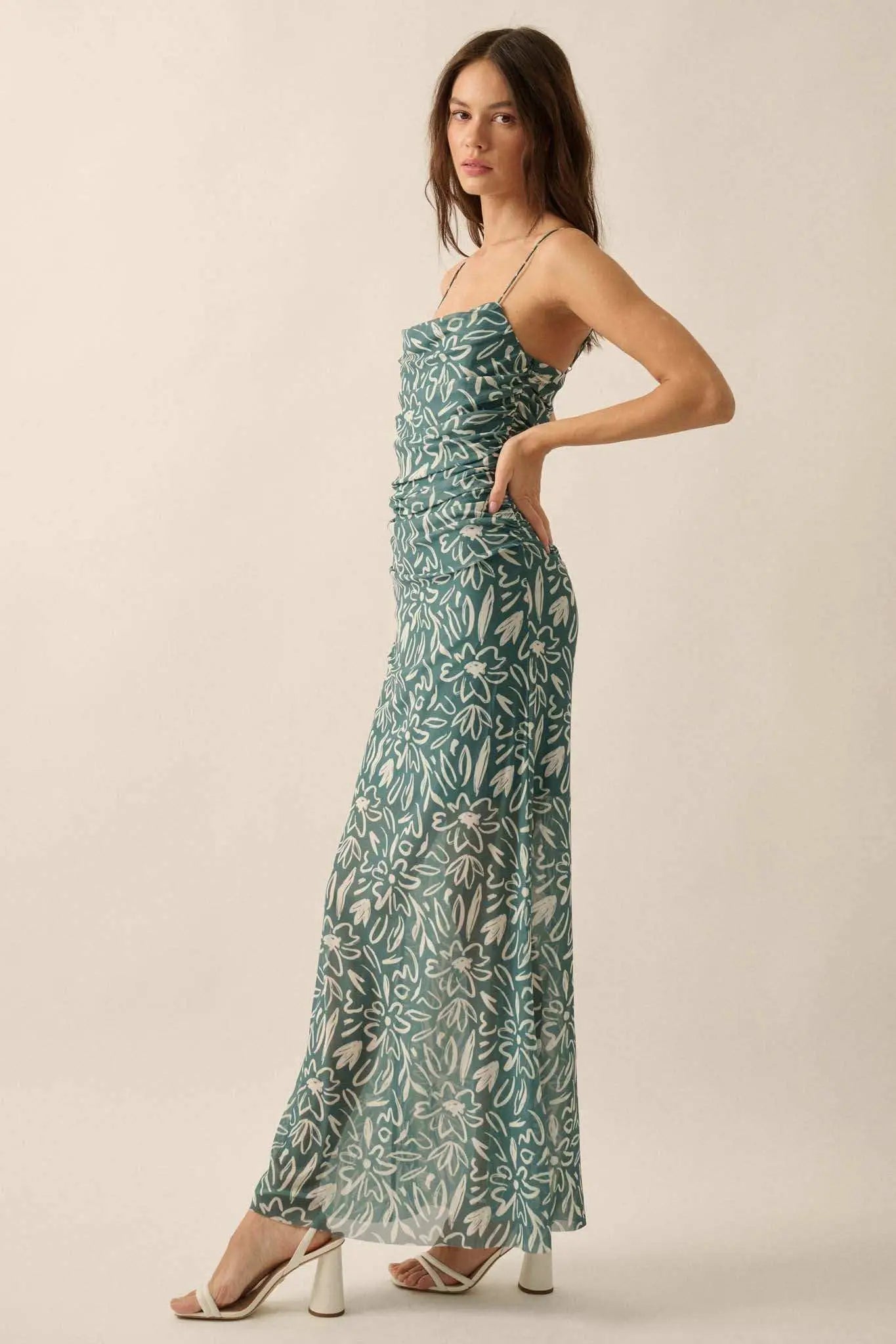 Avant Garden Floral-Print Mesh Ruched Maxi Dress Avant Garden Floral-Print Mesh Ruched Maxi Dress