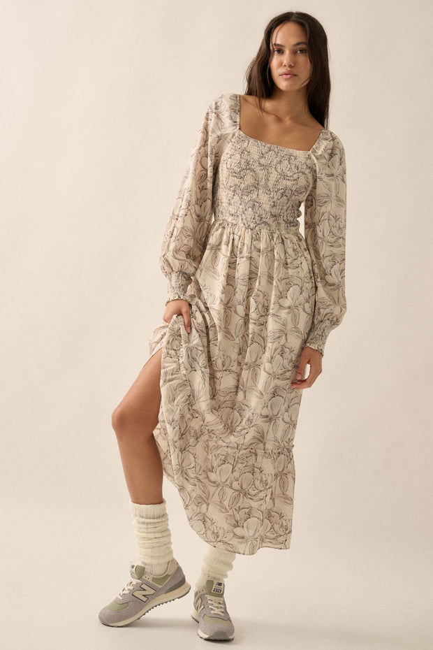 Serene Garden Floral Smocked Peasant Midi Dress - ShopPromesa